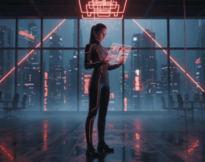 AI woman analyzing data on futuristic digital interface.