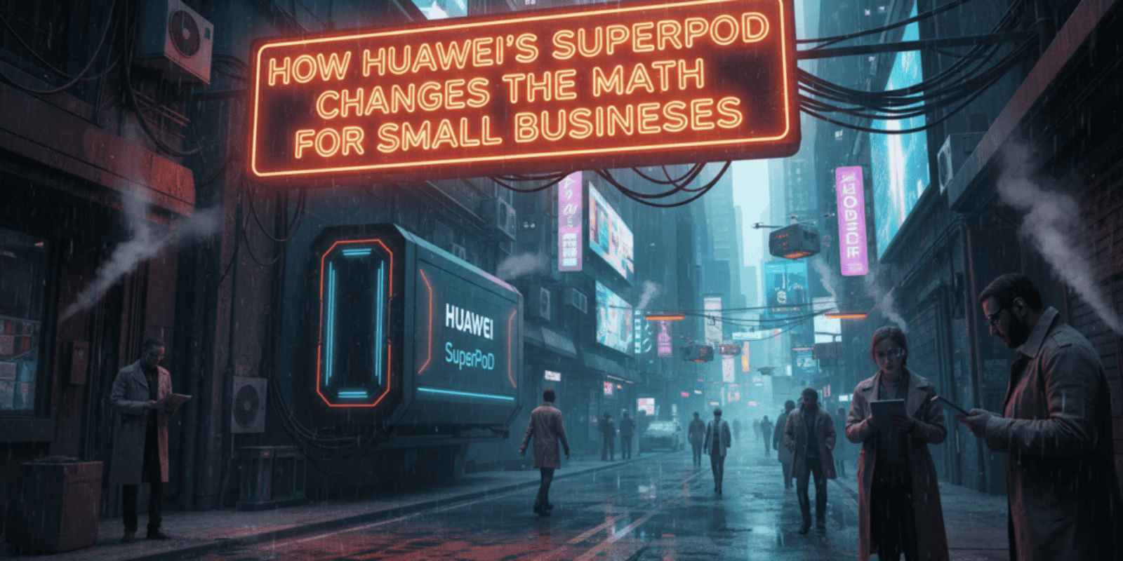 Futuristic city scene with neon sign about Huawei's SuperPoD impacting small businesses.