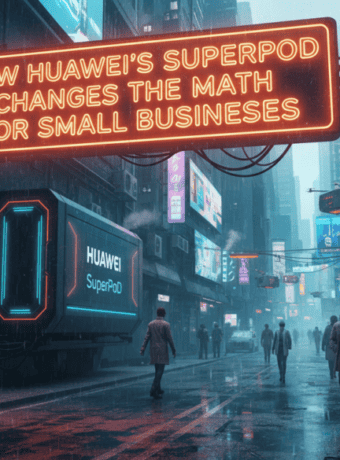 Futuristic city scene with neon sign about Huawei's SuperPoD impacting small businesses.