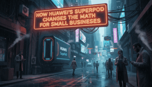 Futuristic city scene with neon sign about Huawei's SuperPoD impacting small businesses.