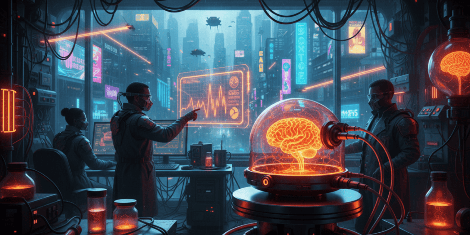 Scientists studying brainwave activity with advanced tech in a high-tech lab.