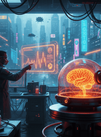 Scientists studying brainwave activity with advanced tech in a high-tech lab.