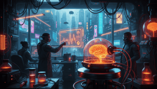 Scientists studying brainwave activity with advanced tech in a high-tech lab.