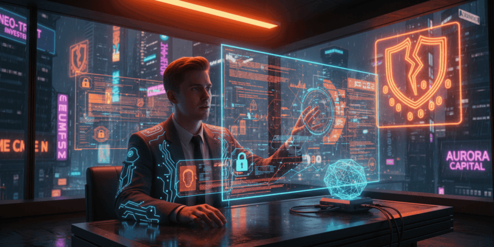 Young broker using AI technology to analyze client data security risks in finance.