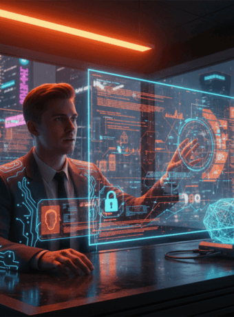 Young broker using AI technology to analyze client data security risks in finance.