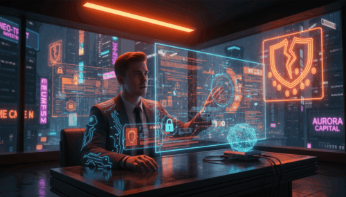 Young broker using AI technology to analyze client data security risks in finance.