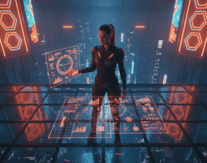 AI woman analyzing marketing data on futuristic digital interface.
