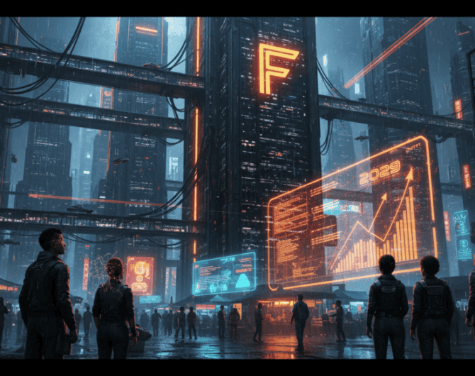 Illustration of a neon-lit city at night with a glowing orange F on a tower and a large display showing a rising chart labeled 2029, for a story on FinecoBank's AI plan