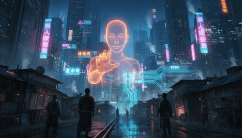 AI hologram of a human figure in a futuristic cityscape.