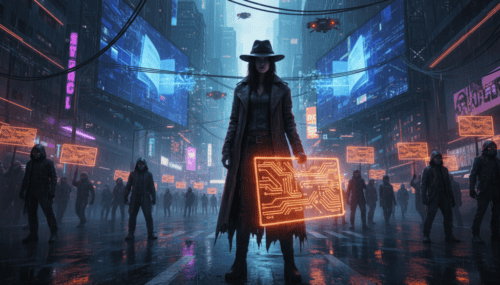 Woman in cyberpunk city holding digital circuit board, symbolizing AI and technology debates.