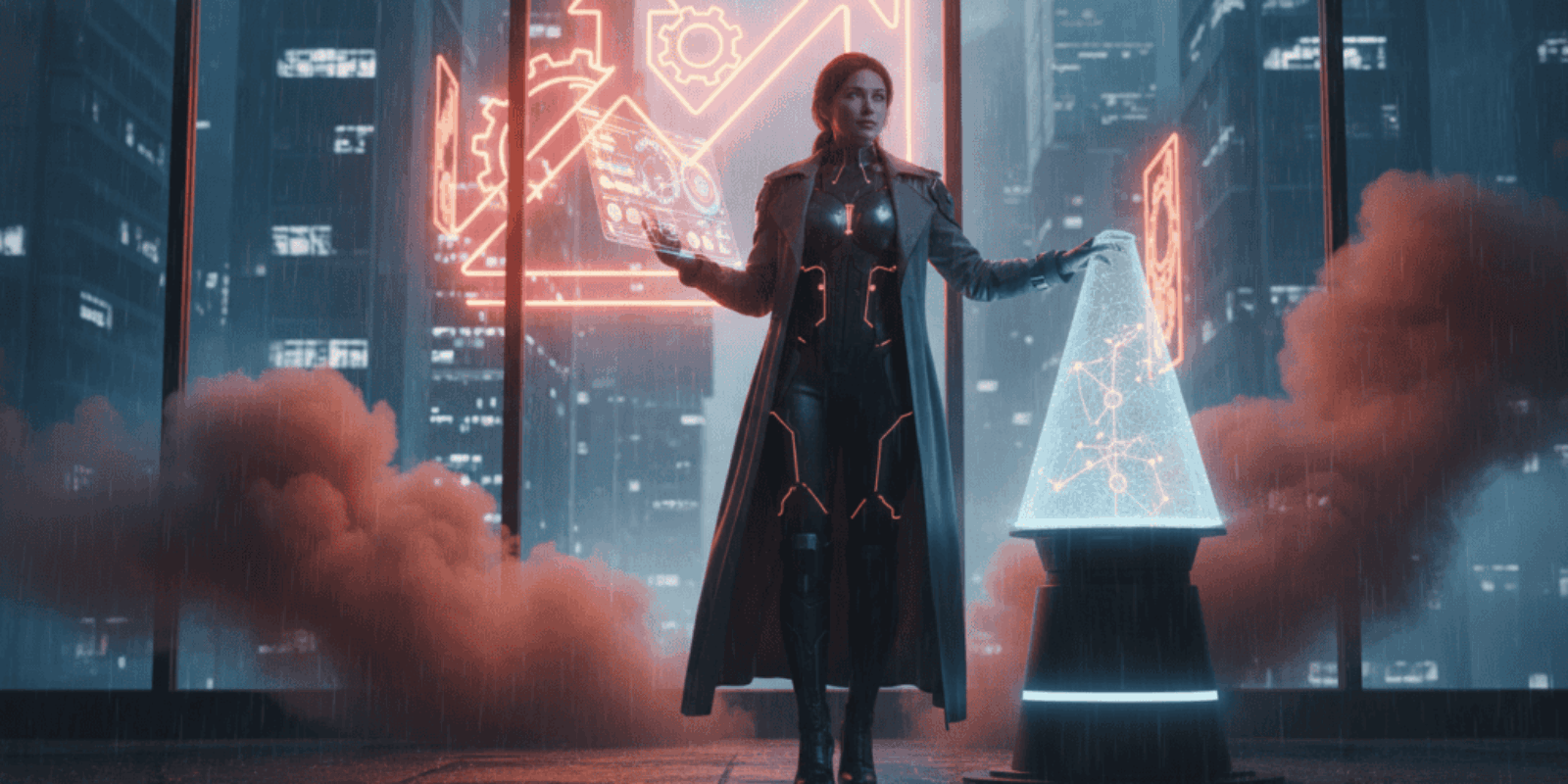 AI-powered woman interacting with digital data in a futuristic office environment.