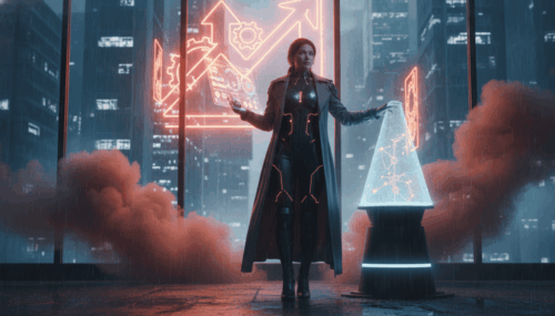 AI-powered woman interacting with digital data in a futuristic office environment.