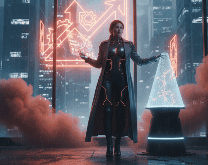 AI-powered woman interacting with digital data in a futuristic office environment.