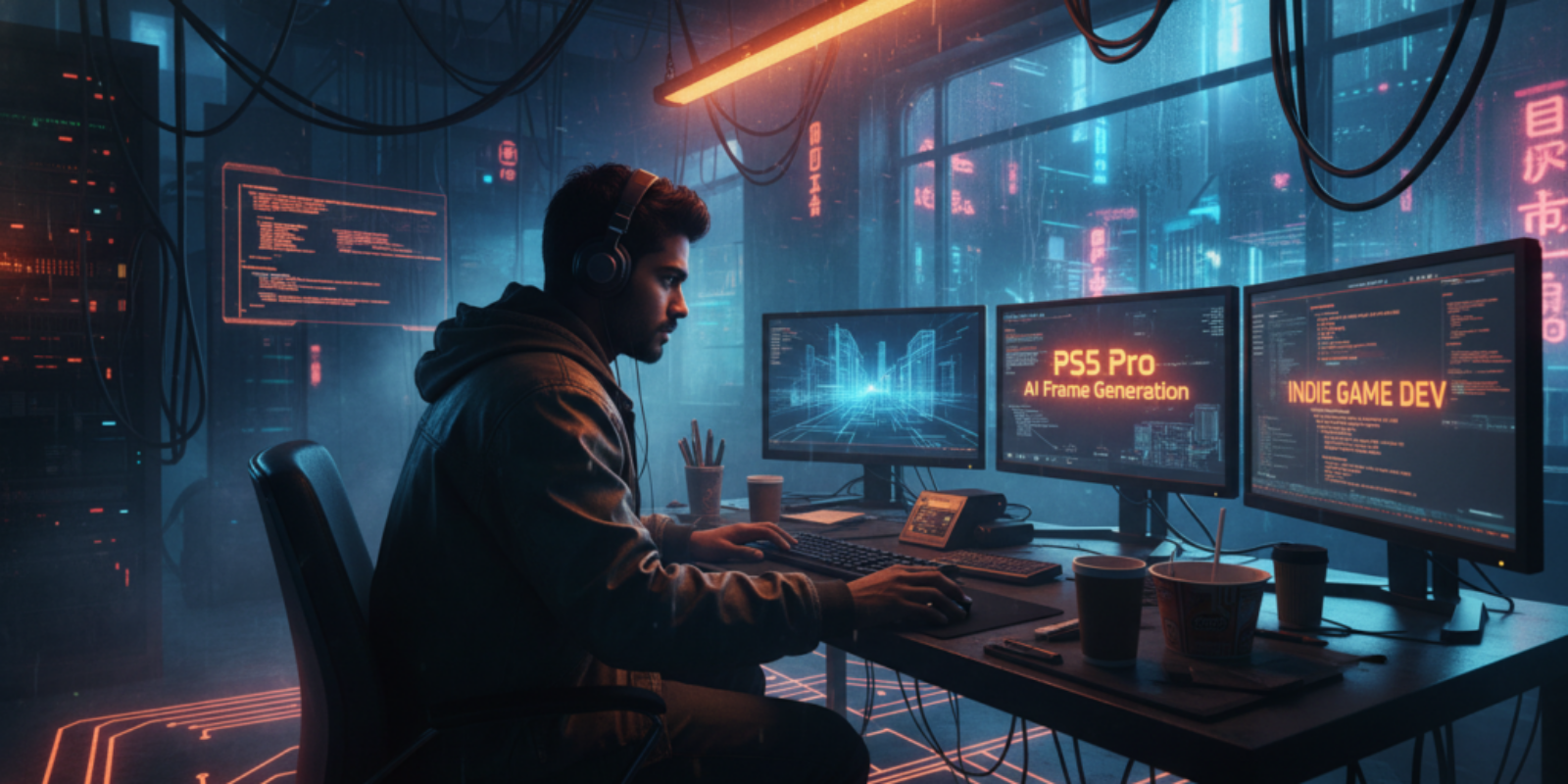 Developer working on AI frame generation for indie games on multiple monitors in a high-tech setup.