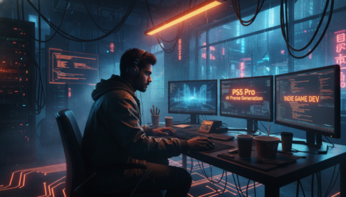 Developer working on AI frame generation for indie games on multiple monitors in a high-tech setup.