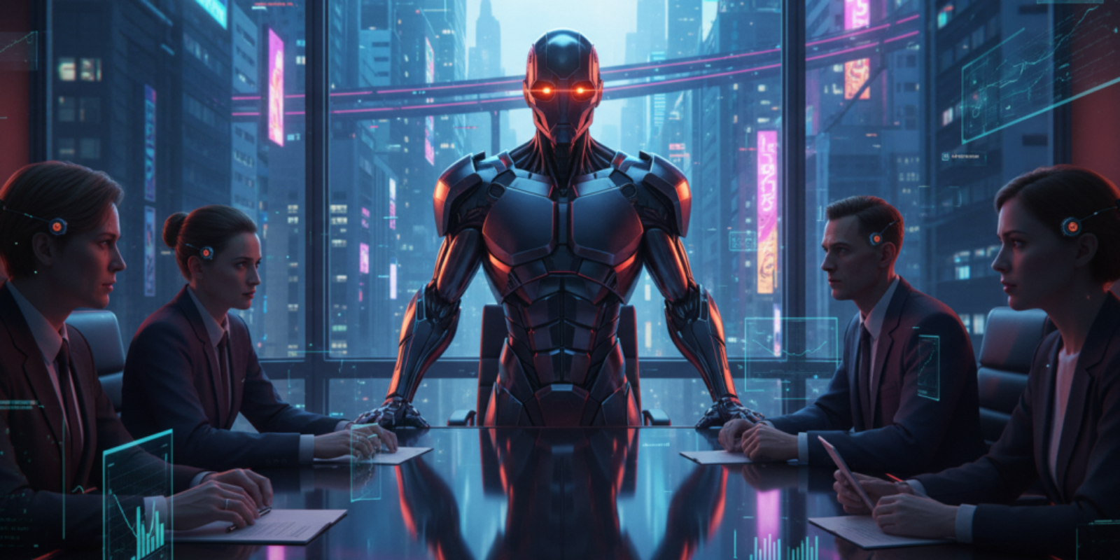 Advanced AI robot leading a business meeting with professionals in a high-tech office setting.