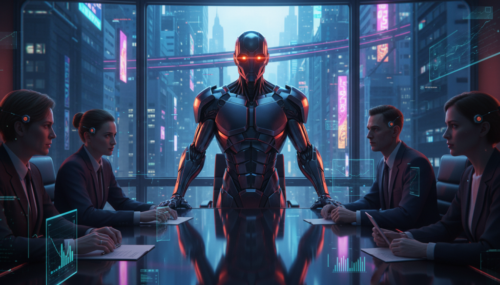 Advanced AI robot leading a business meeting with professionals in a high-tech office setting.