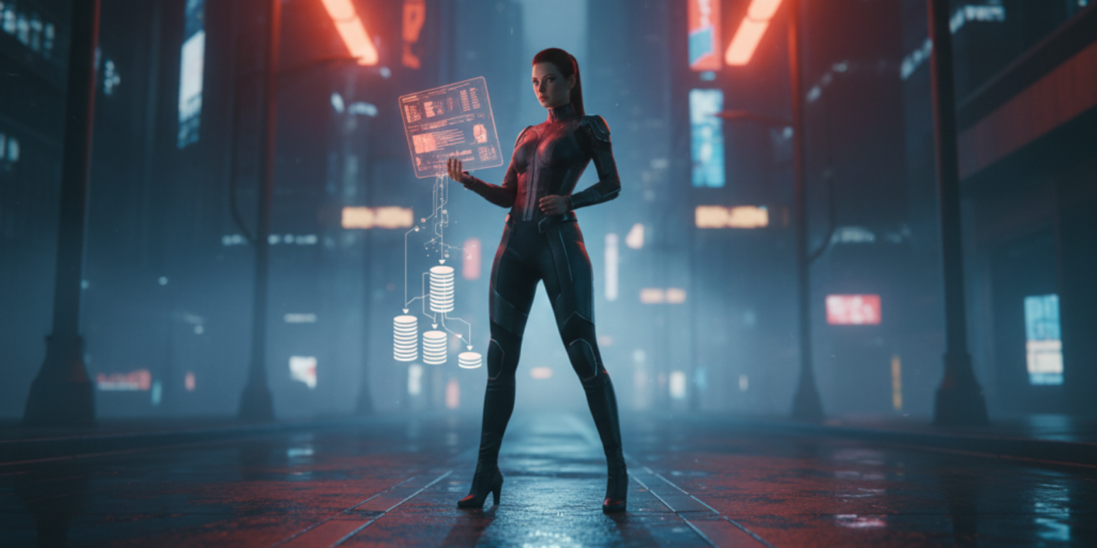 Futuristic woman using digital interface for AI-driven supplier management.