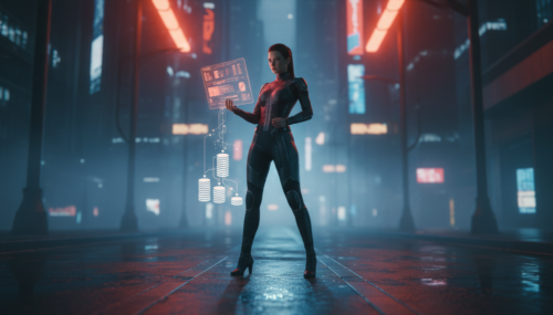 Futuristic woman using digital interface for AI-driven supplier management.