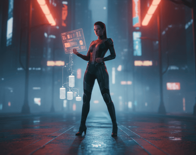 Futuristic woman using digital interface for AI-driven supplier management.