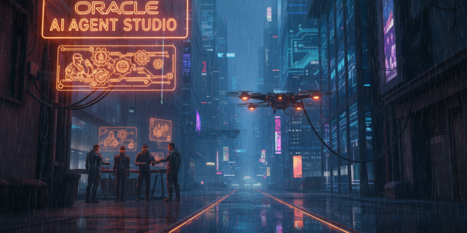 Futuristic cityscape with drone and holographic AI studio sign in neon lights.