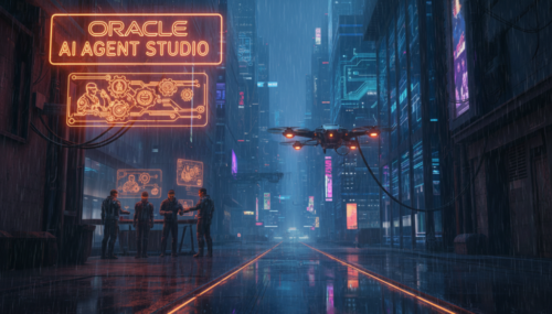 Futuristic cityscape with drone and holographic AI studio sign in neon lights.