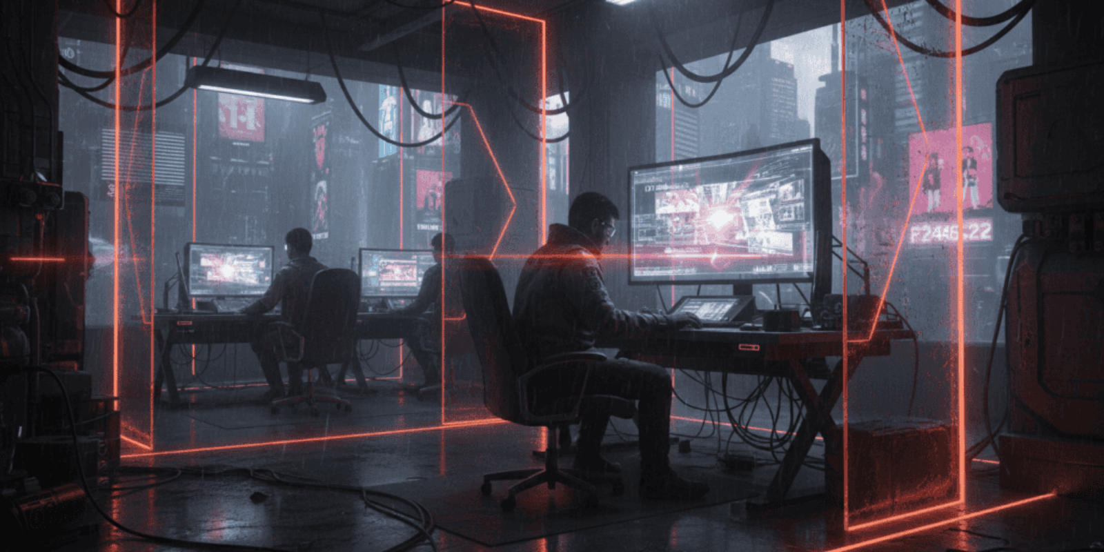 Team working on digital concept art in a high-tech, neon-lit studio environment.