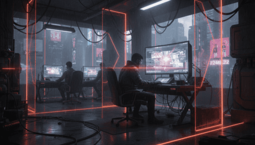 Team working on digital concept art in a high-tech, neon-lit studio environment.