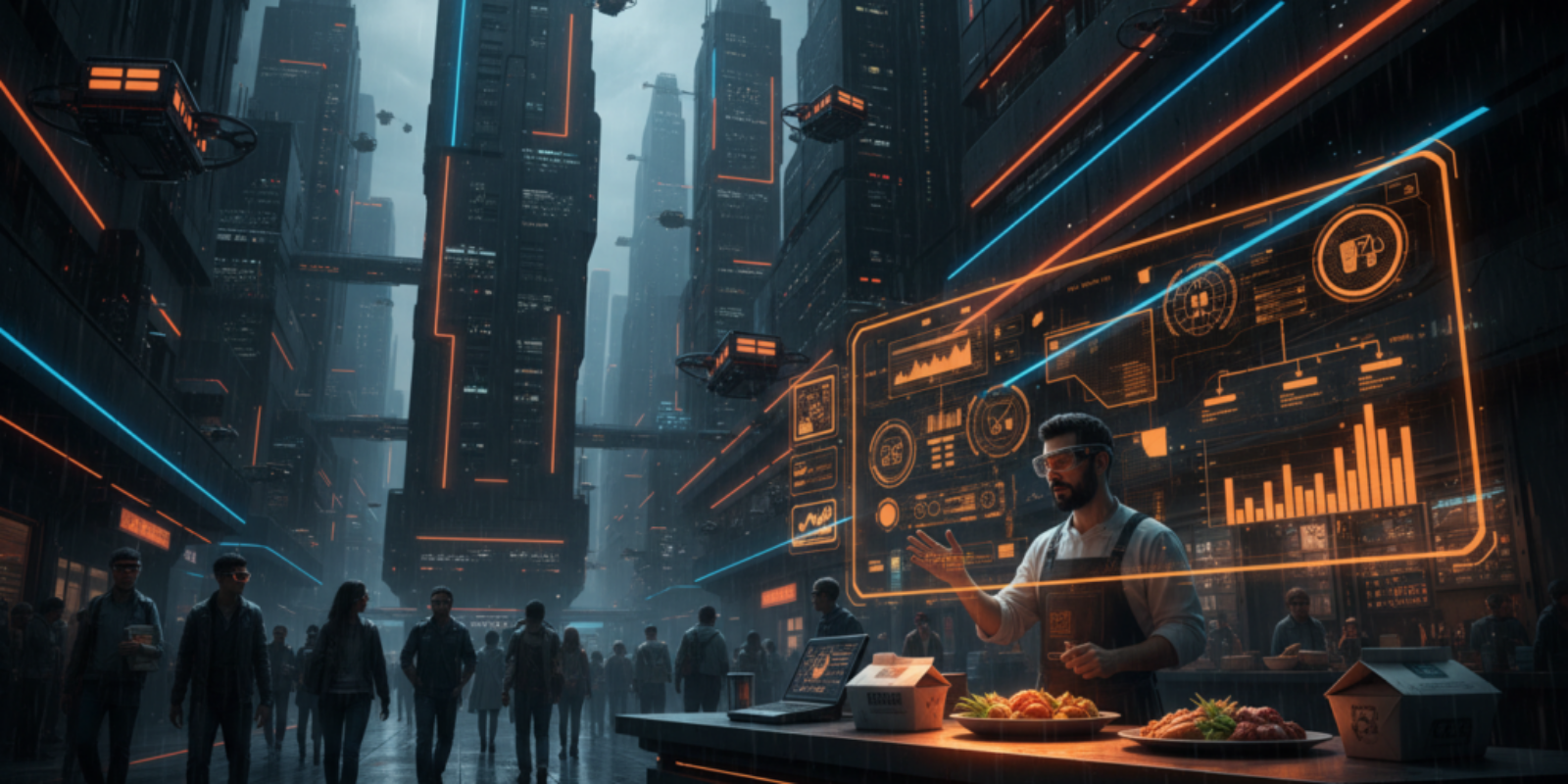 Futuristic city scene with AI technology reducing food waste for SMBs.