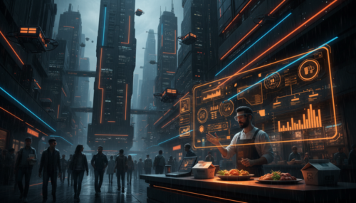 Futuristic city scene with AI technology reducing food waste for SMBs.