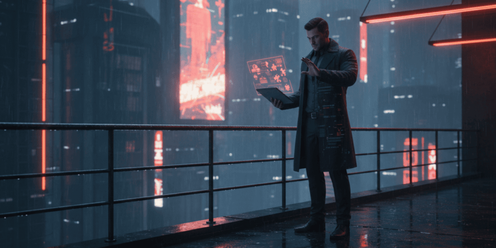 Man using a futuristic digital tablet in a high-tech cityscape at night.