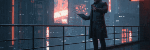 Man using a futuristic digital tablet in a high-tech cityscape at night.