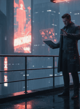 Man using a futuristic digital tablet in a high-tech cityscape at night.