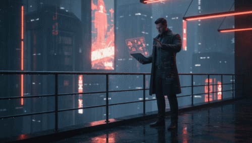 Man using a futuristic digital tablet in a high-tech cityscape at night.