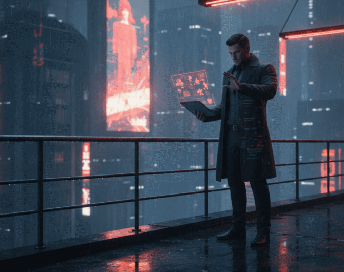 Man using a futuristic digital tablet in a high-tech cityscape at night.