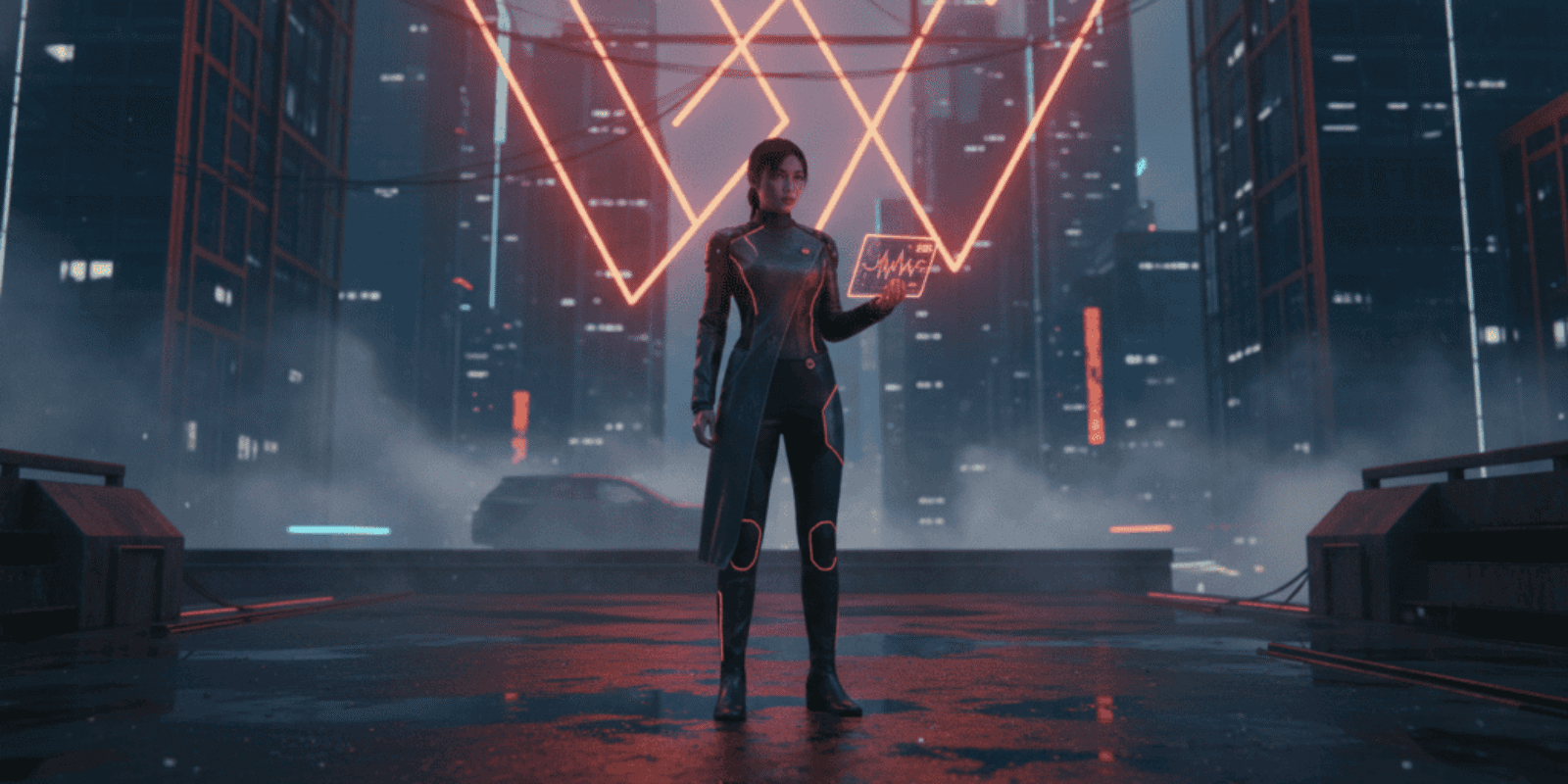 Woman using AI technology for logistics in a high-tech cityscape.