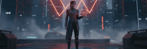 Woman using AI technology for logistics in a high-tech cityscape.