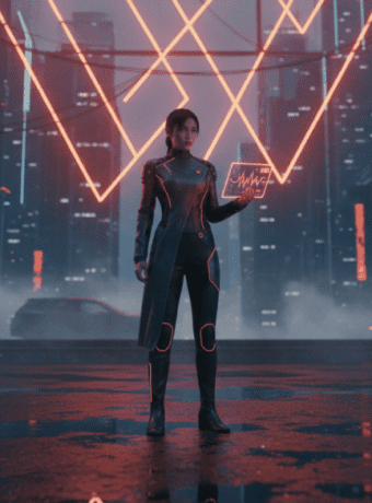 Woman using AI technology for logistics in a high-tech cityscape.