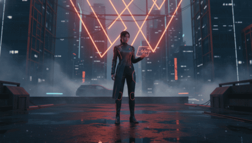 Woman using AI technology for logistics in a high-tech cityscape.