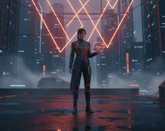 Woman using AI technology for logistics in a high-tech cityscape.