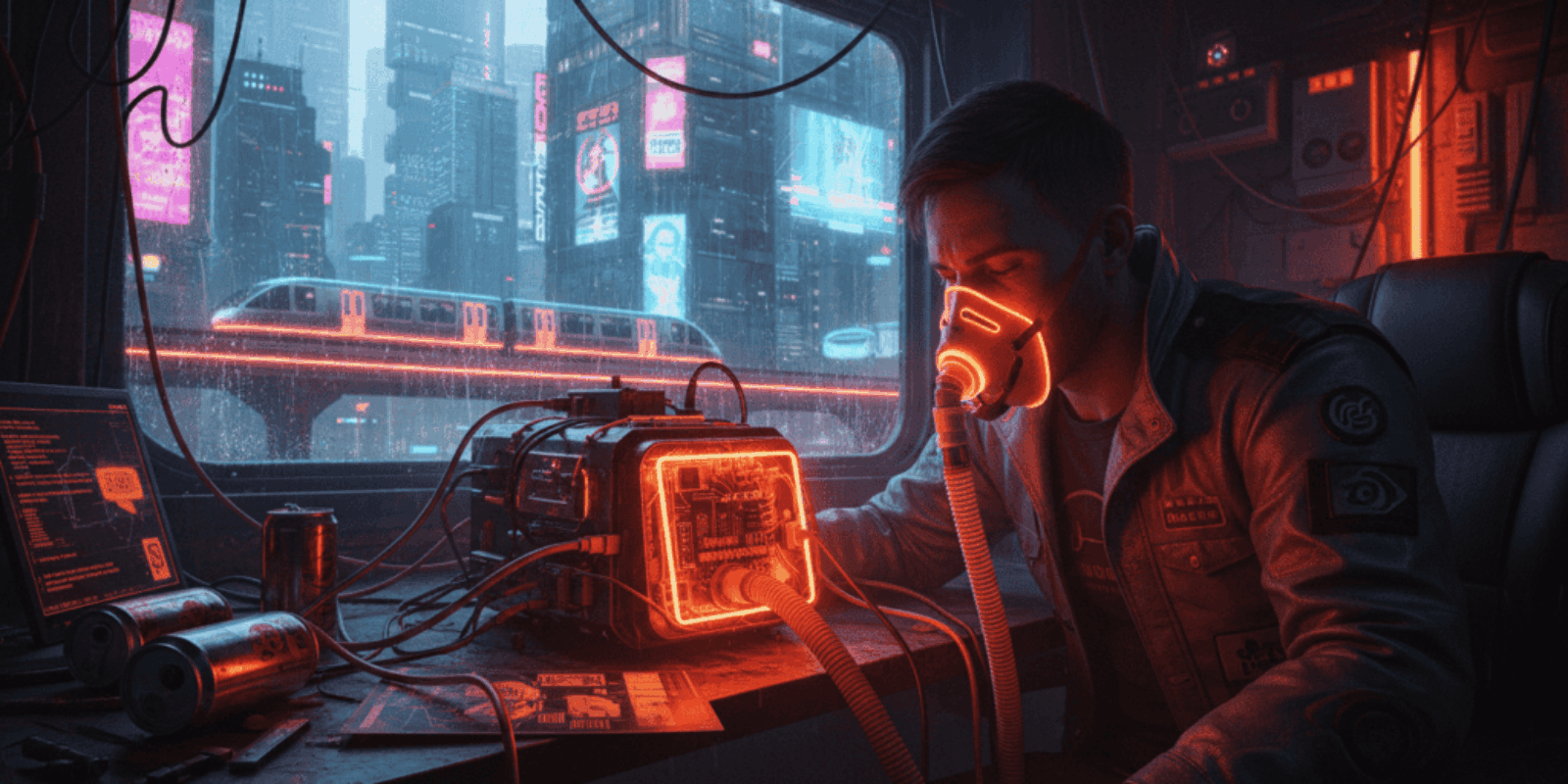AI-powered device in a futuristic control room with neon lights and cityscape background.