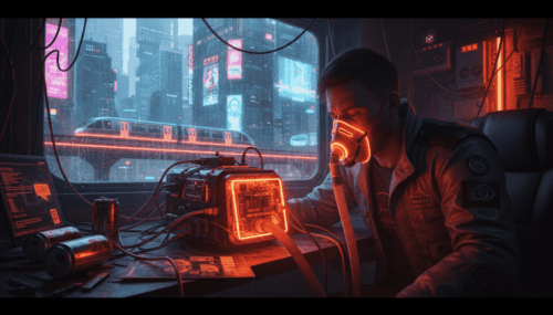 AI-powered device in a futuristic control room with neon lights and cityscape background.