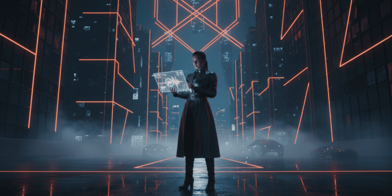 Woman using AI interface in a neon-lit futuristic city at night.