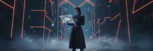 Woman using AI interface in a neon-lit futuristic city at night.