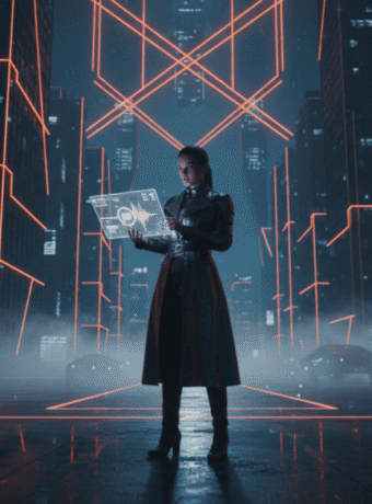 Woman using AI interface in a neon-lit futuristic city at night.