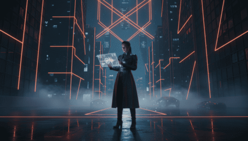 Woman using AI interface in a neon-lit futuristic city at night.