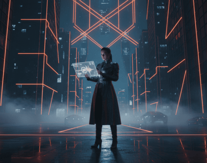 Woman using AI interface in a neon-lit futuristic city at night.