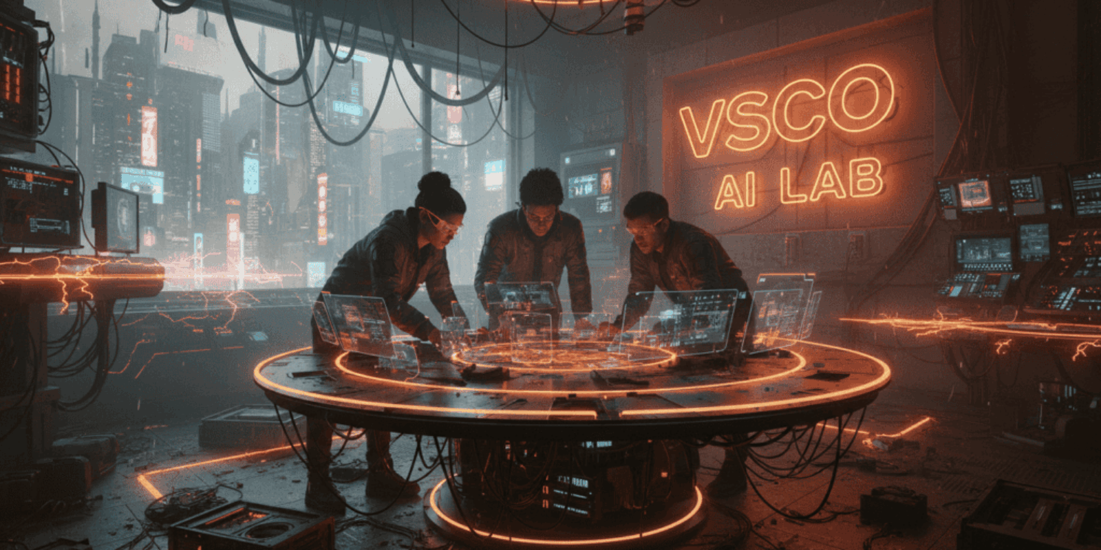 AI Lab team working on innovative AI tools for small teams in a high-tech setting.