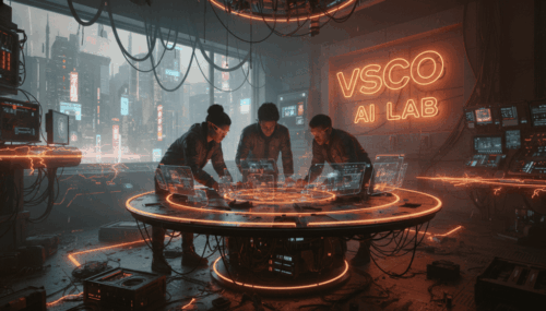 AI Lab team working on innovative AI tools for small teams in a high-tech setting.