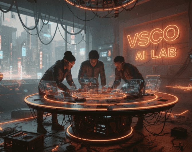 AI Lab team working on innovative AI tools for small teams in a high-tech setting.